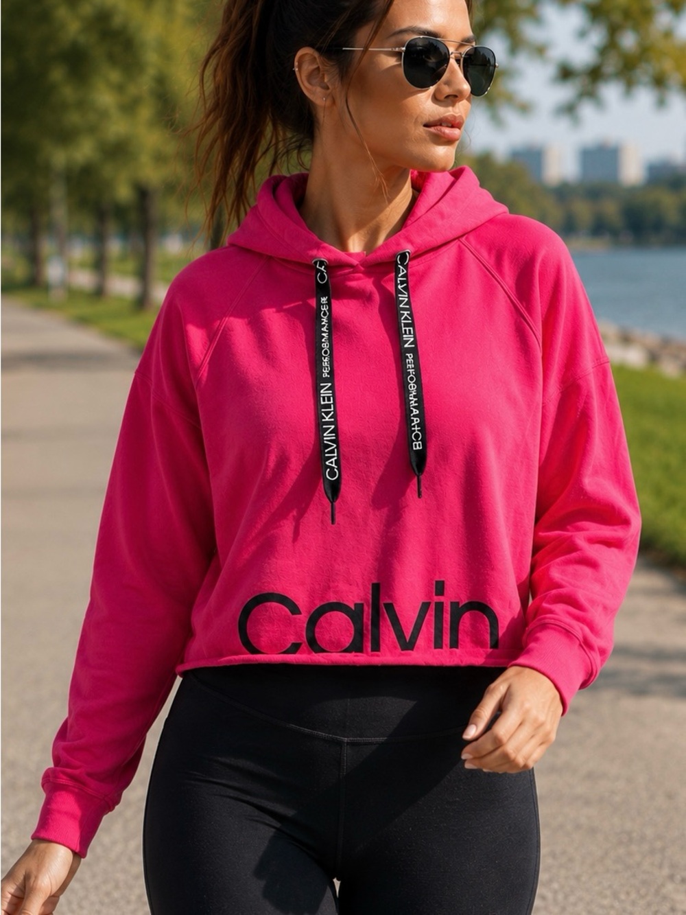 Calvin Klein Performance Hot Pink Cropped Hoodie Sweatshirt | Athleisure (LG)